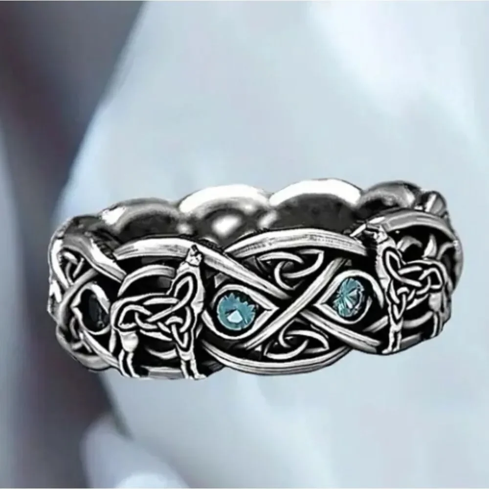 Unisex Silver Celtic Knot wolf Ring with Blue Accents sz 6